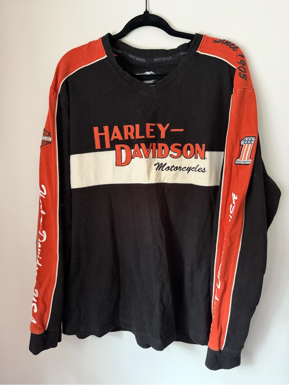 Harley Davidson Men’s 2XL Long Sleeve Shirt Black Orange Racing Logo Graphic USA